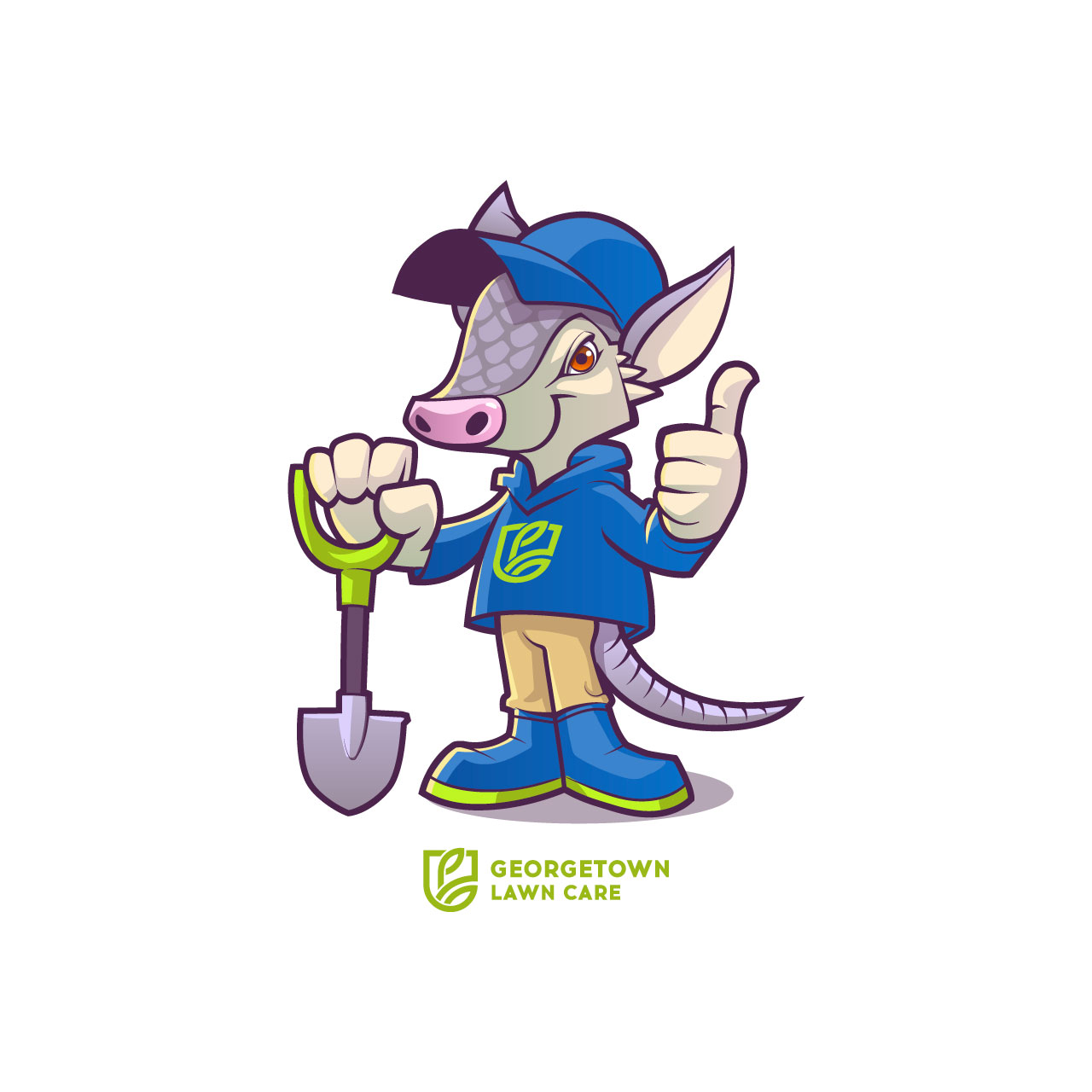 Armadillo mascot carrying a shovel