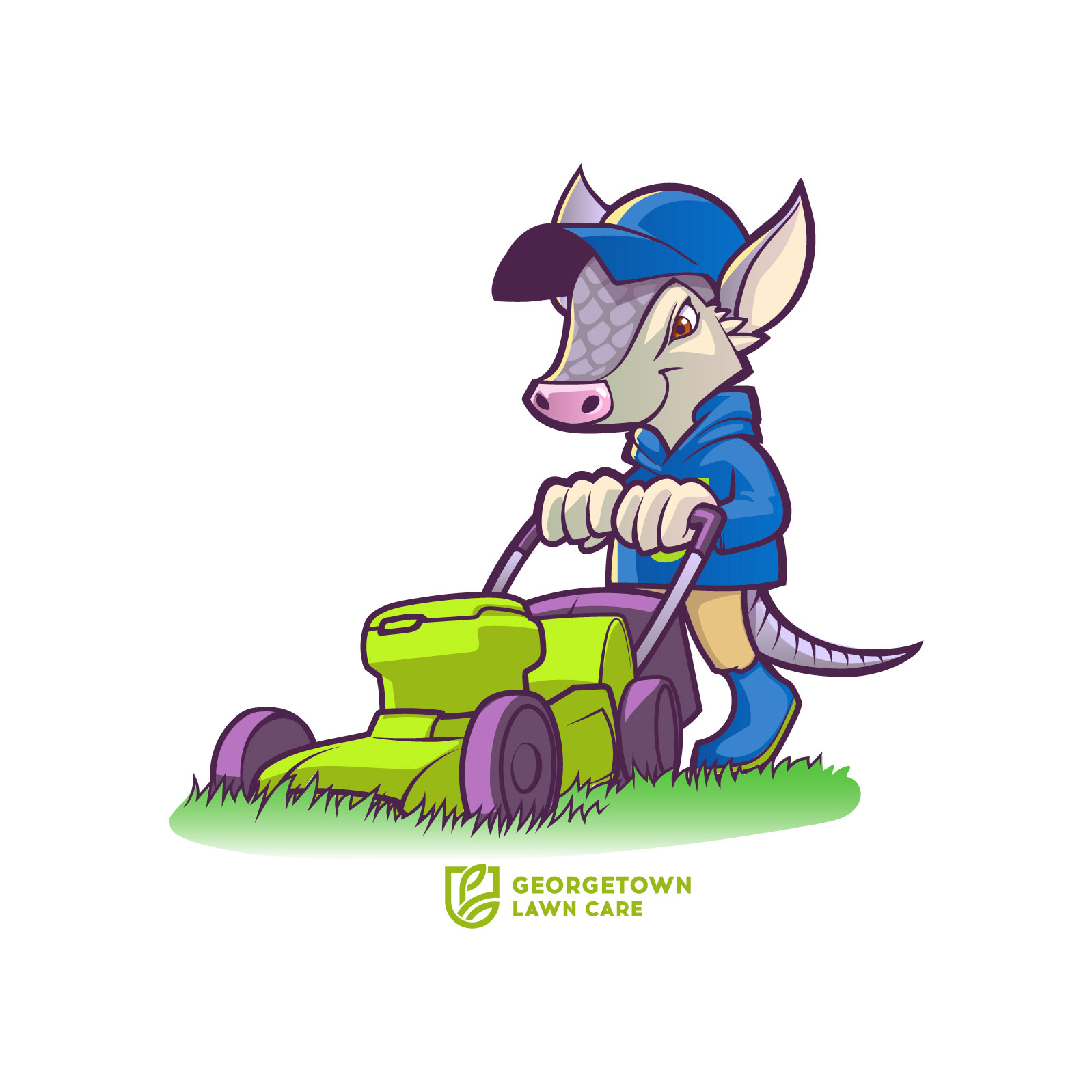 Armadillo mascot mowing a lawn