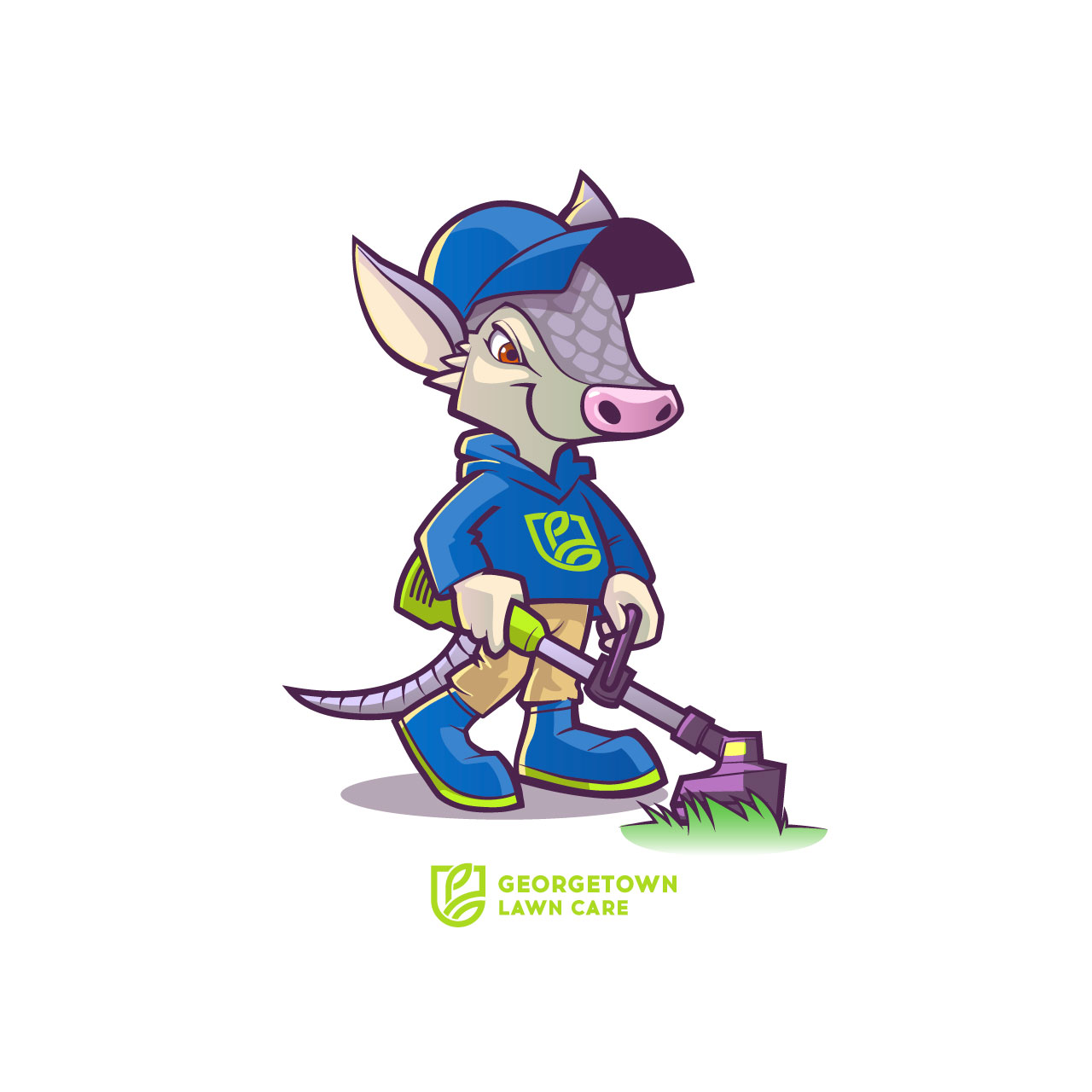 Armadillo mascot trimming grass